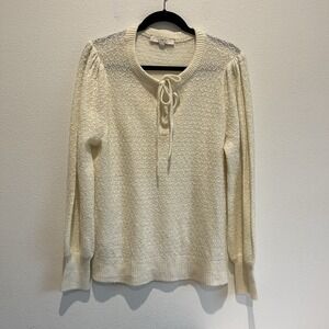 LOFT Women's Ivory Sweater Knit Texture Puffed Shoulder Vneck Tie Sz Xl